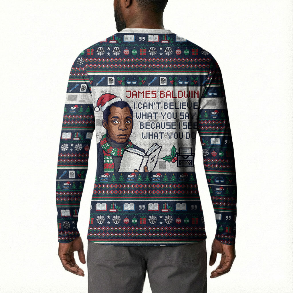 James Baldwin Christmas Santa Button Sweatshirt Ugly Pixel Pattern Black History Holiday