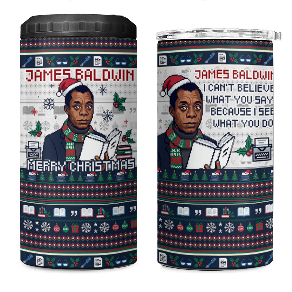 James Baldwin Christmas Santa 4 in 1 Can Cooler Tumbler Ugly Pixel ...