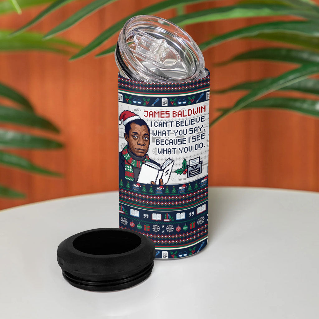 James Baldwin Christmas Santa 4 in 1 Can Cooler Tumbler Ugly Pixel Pattern Black History Holiday