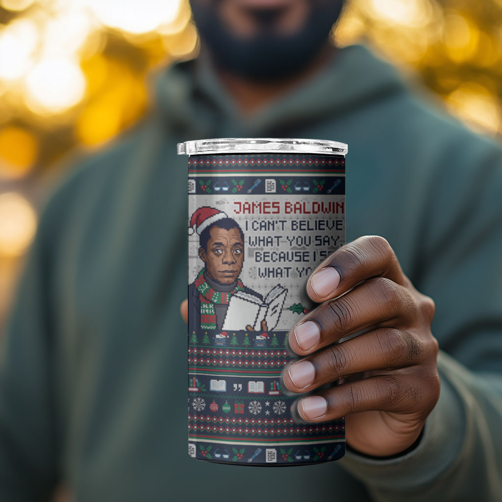 James Baldwin Christmas Santa 4 in 1 Can Cooler Tumbler Ugly Pixel Pattern Black History Holiday