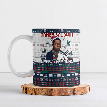 James Baldwin Christmas Santa Ceramic Mug Ugly Pixel Pattern Black History Holiday