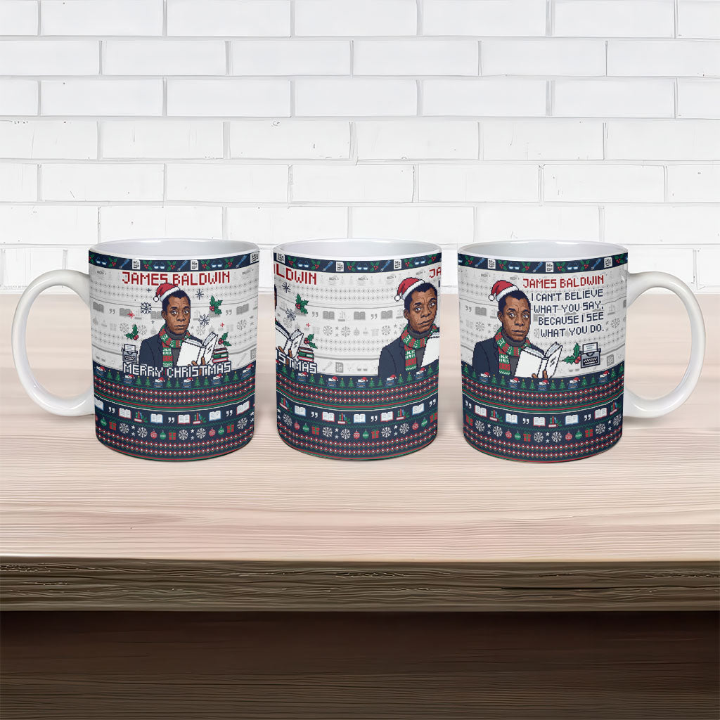 James Baldwin Christmas Santa Ceramic Mug Ugly Pixel Pattern Black History Holiday