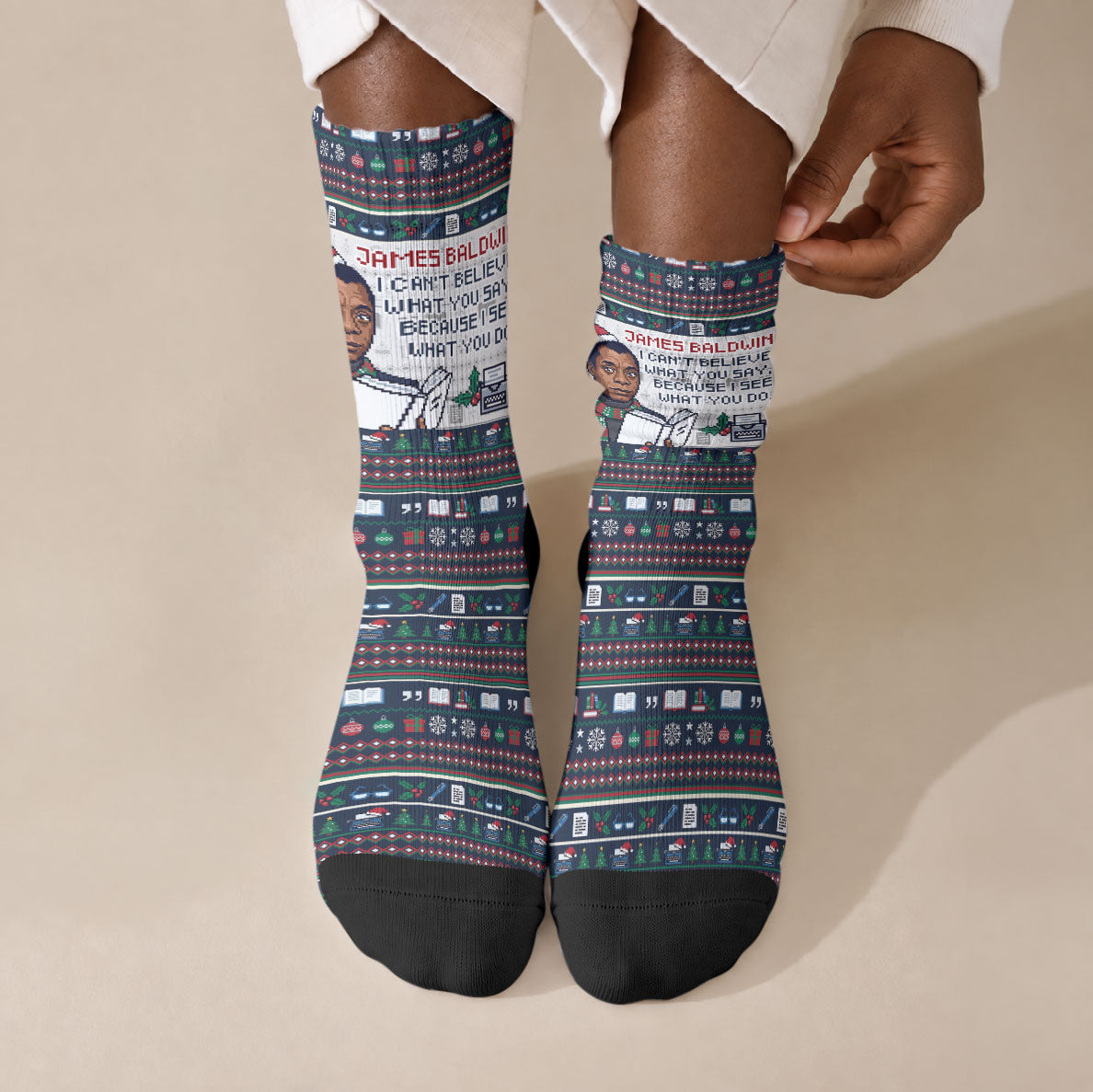 James Baldwin Christmas Santa Crew Socks Ugly Pixel Pattern Black History Holiday