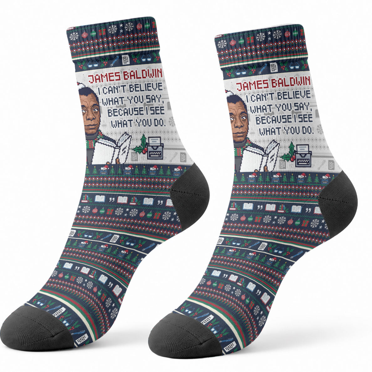 James Baldwin Christmas Santa Crew Socks Ugly Pixel Pattern Black History Holiday
