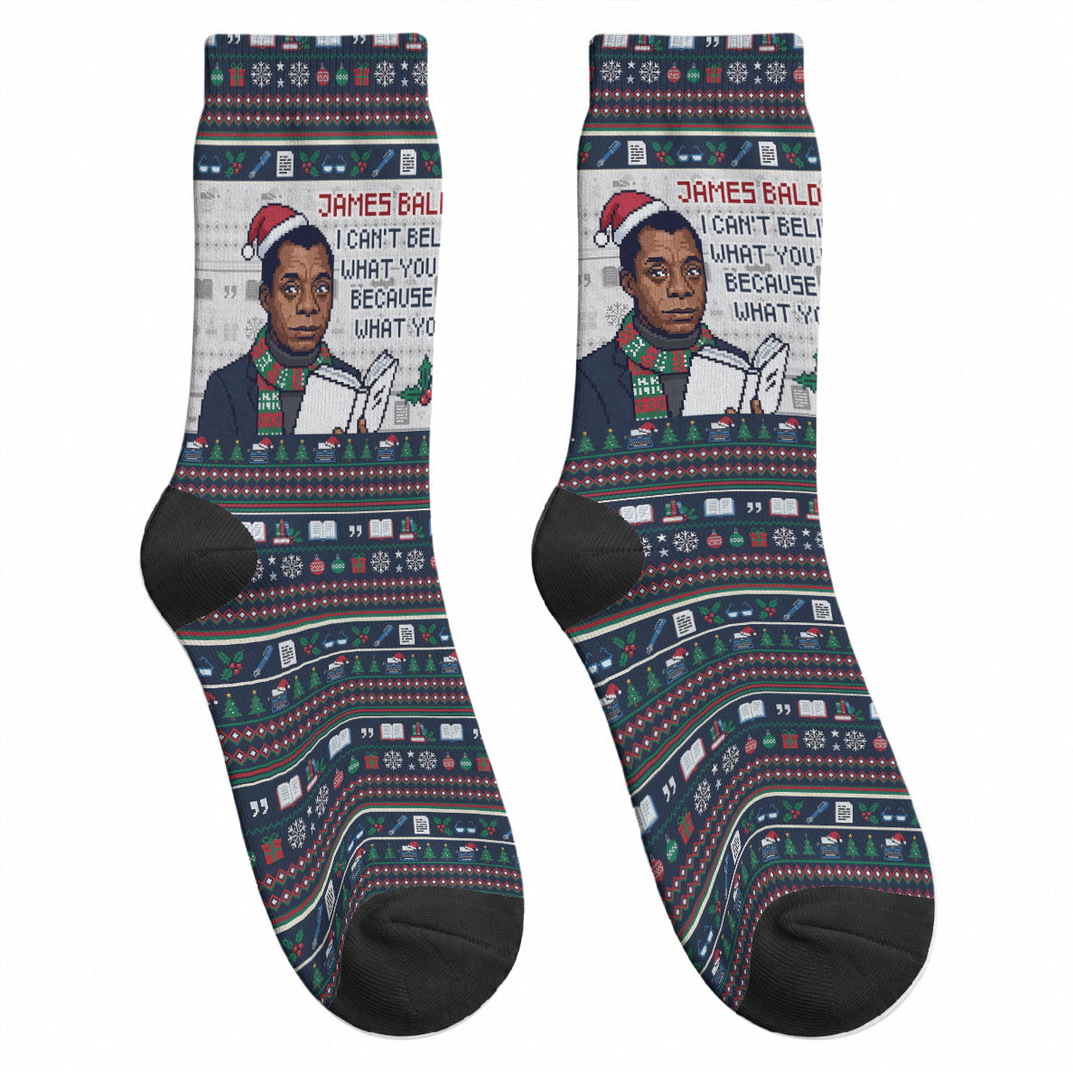 James Baldwin Christmas Santa Crew Socks Ugly Pixel Pattern Black History Holiday