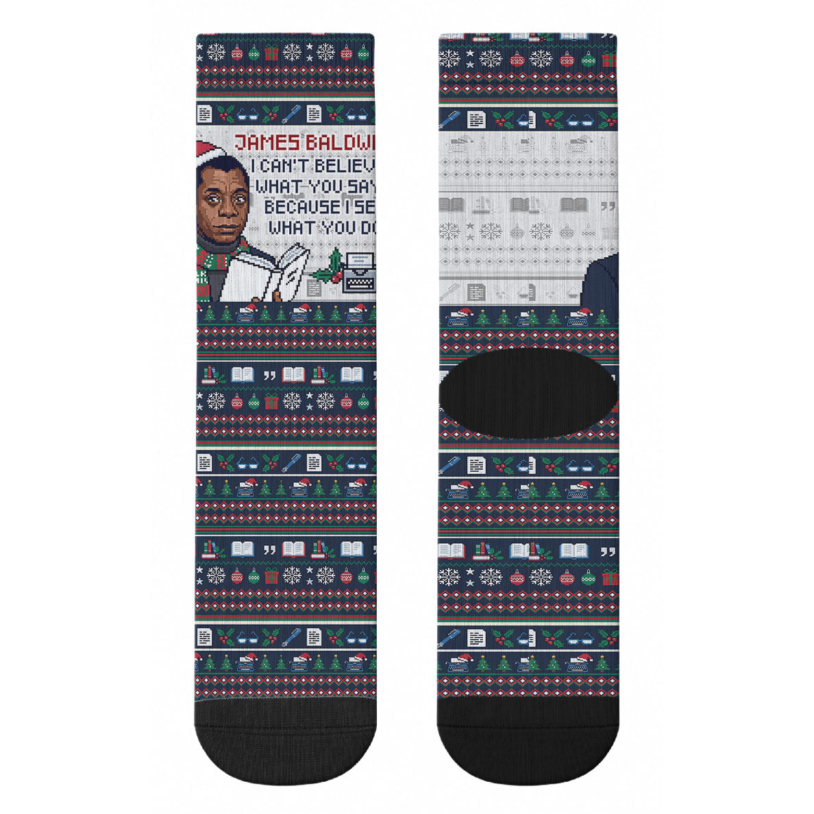 James Baldwin Christmas Santa Crew Socks Ugly Pixel Pattern Black History Holiday