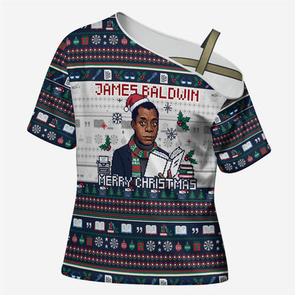 James Baldwin Christmas Santa Cross Shoulder Shirt Ugly Pixel Pattern Black History Holiday