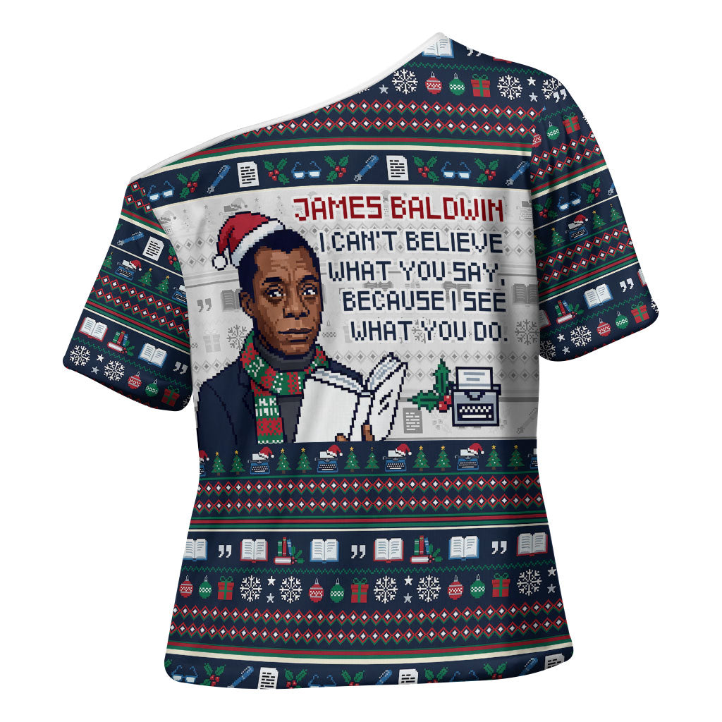 James Baldwin Christmas Santa Cross Shoulder Shirt Ugly Pixel Pattern Black History Holiday
