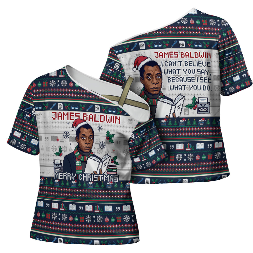 James Baldwin Christmas Santa Cross Shoulder Shirt Ugly Pixel Pattern Black History Holiday