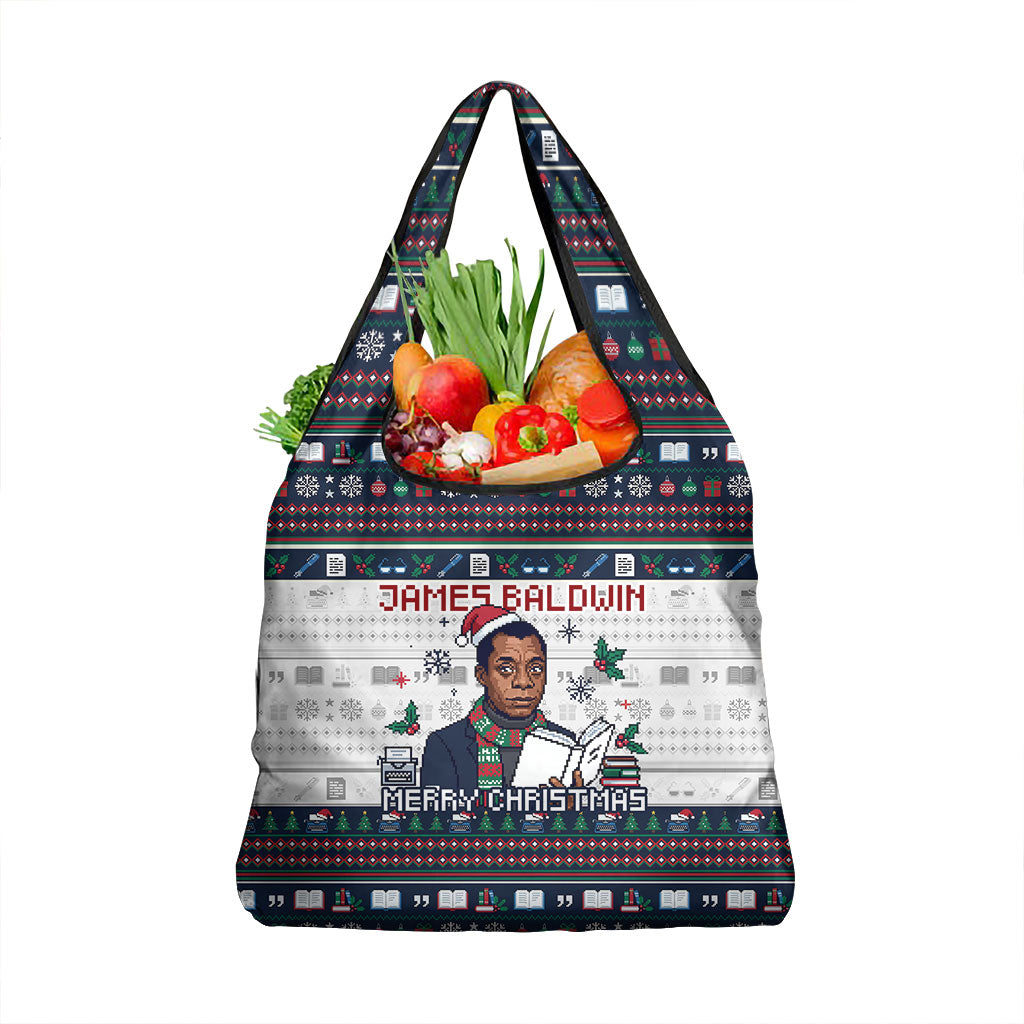 James Baldwin Christmas Santa Grocery Bag Ugly Pixel Pattern Black ...