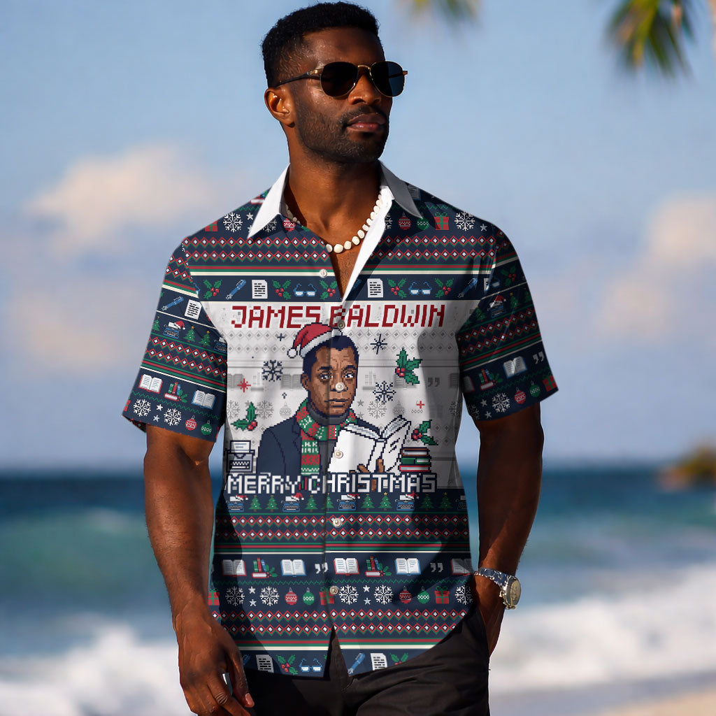 James Baldwin Christmas Santa Hawaiian Shirt Ugly Pixel Pattern Black History Holiday