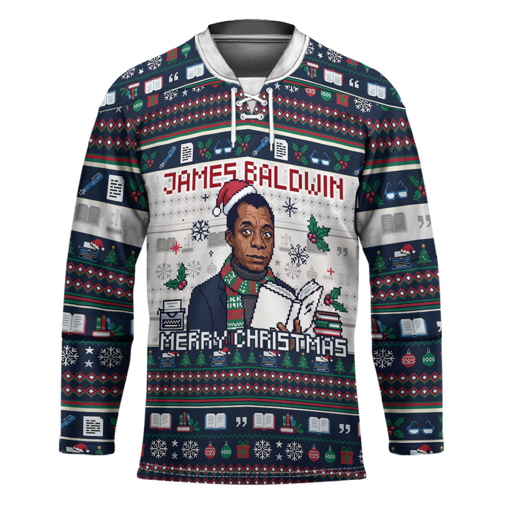 James Baldwin Christmas Santa Hockey Jersey Ugly Pixel Pattern Black History Holiday