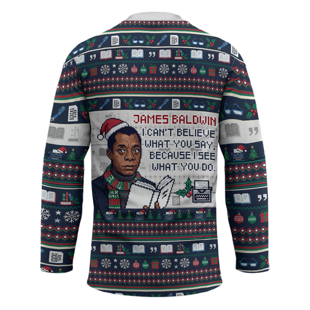James Baldwin Christmas Santa Hockey Jersey Ugly Pixel Pattern Black History Holiday