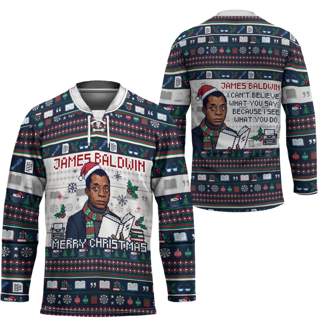 James Baldwin Christmas Santa Hockey Jersey Ugly Pixel Pattern Black History Holiday