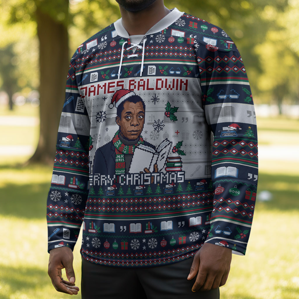 James Baldwin Christmas Santa Hockey Jersey Ugly Pixel Pattern Black History Holiday