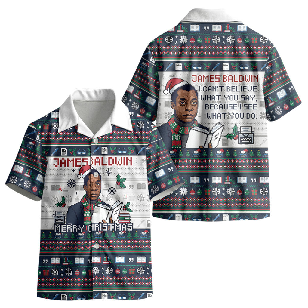 James Baldwin Christmas Santa Kid Hawaiian Shirt Ugly Pixel Pattern Black History Holiday