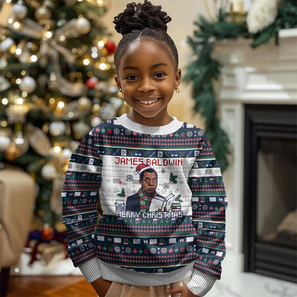 James Baldwin Christmas Santa Kid Ugly Christmas Sweater Ugly Pixel Pattern Black History Holiday