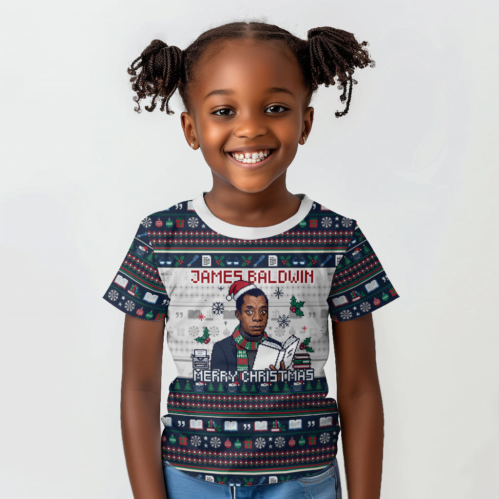 James Baldwin Christmas Santa Kid T shirt Ugly Pixel Pattern Black History Holiday