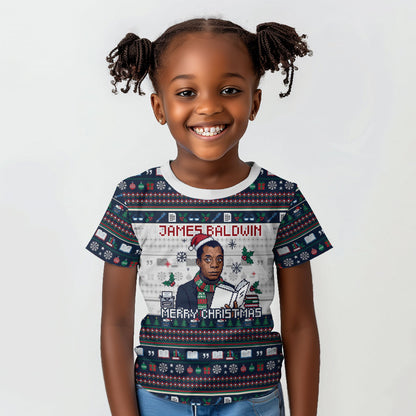 James Baldwin Christmas Santa Kid T shirt Ugly Pixel Pattern Black History Holiday