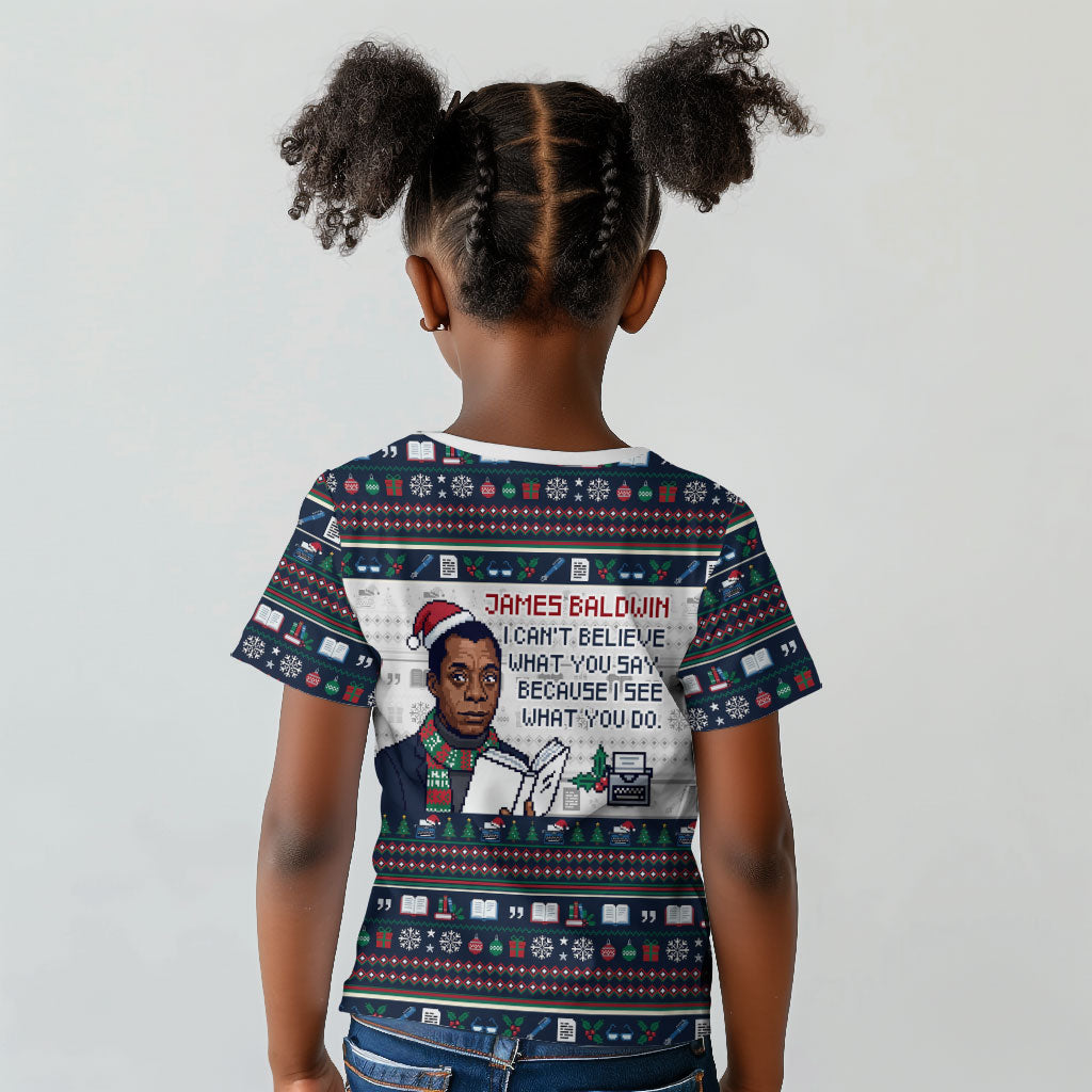 James Baldwin Christmas Santa Kid T shirt Ugly Pixel Pattern Black History Holiday