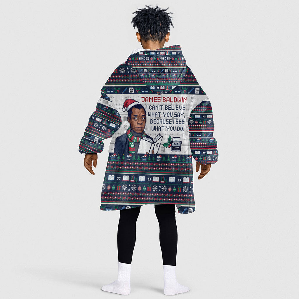 James Baldwin Christmas Santa Kid Wearable Blanket Hoodie Ugly Pixel Pattern Black History Holiday