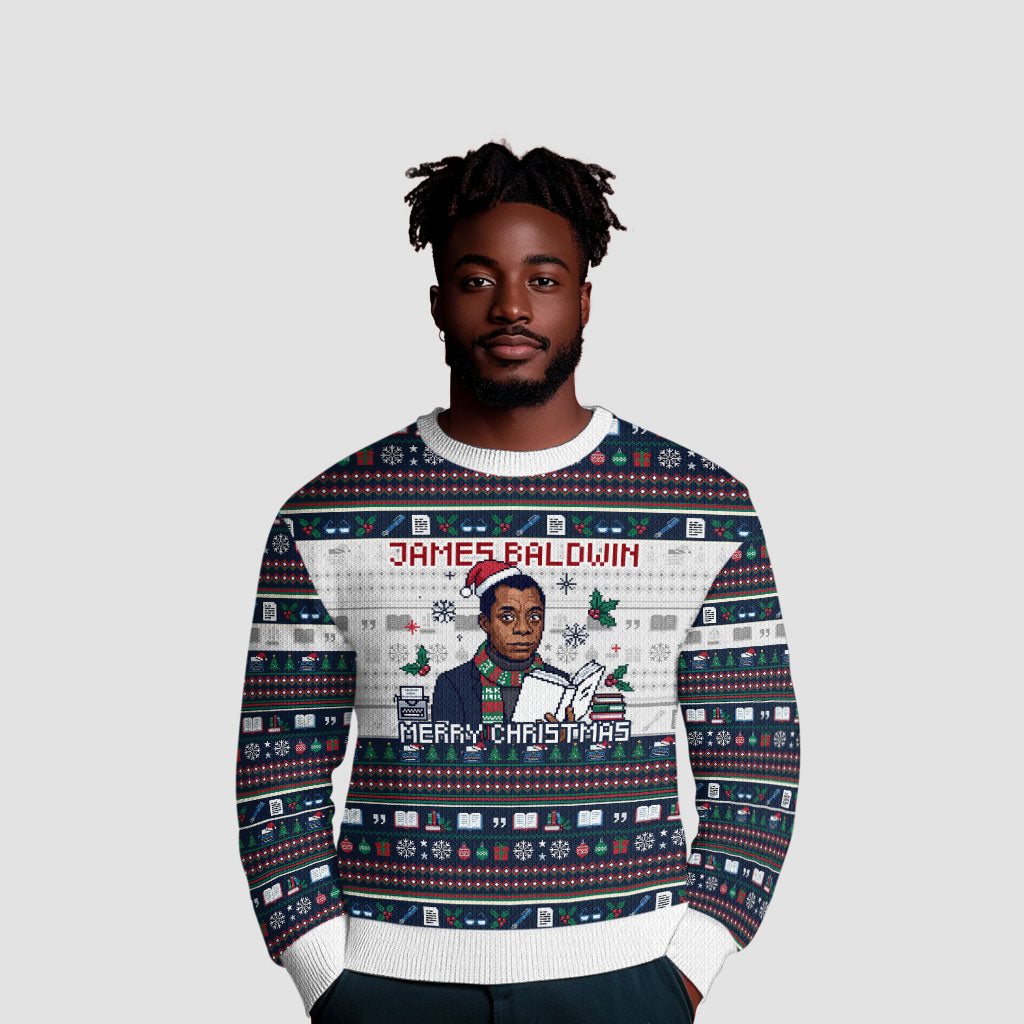 James Baldwin Christmas Santa Ugly Christmas Sweater Ugly Pixel Pattern Black History Holiday