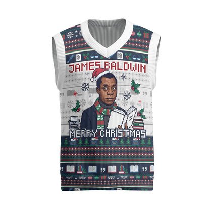 James Baldwin Christmas Santa Christmas Knitted V-Neck Vest Ugly Pixel Pattern Black History Holiday