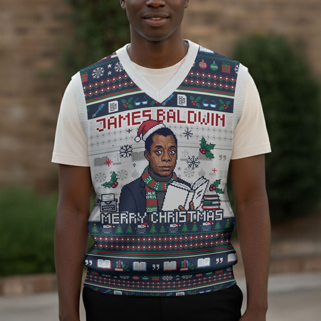 James Baldwin Christmas Santa Christmas Knitted V-Neck Vest Ugly Pixel Pattern Black History Holiday