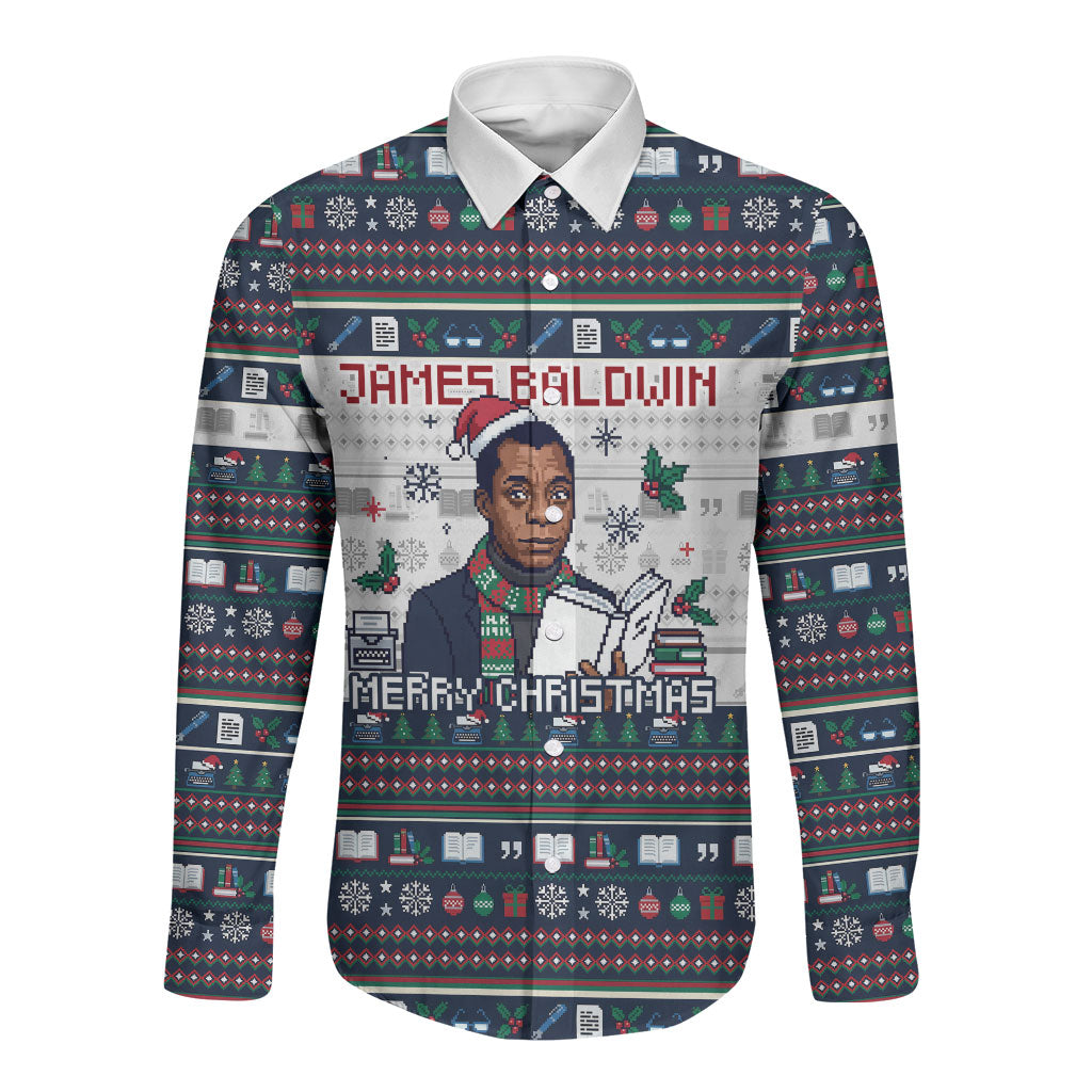James Baldwin Christmas Santa Long Sleeve Button Shirt Ugly Pixel Pattern Black History Holiday