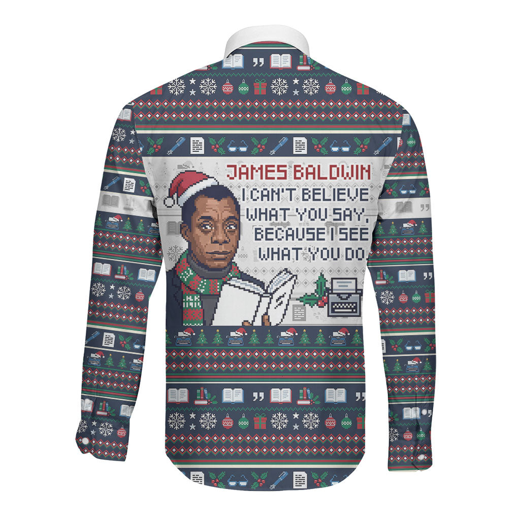 James Baldwin Christmas Santa Long Sleeve Button Shirt Ugly Pixel Pattern Black History Holiday