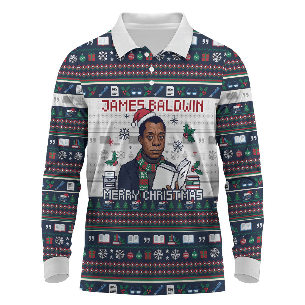 James Baldwin Christmas Santa Long Sleeve Polo Shirt Ugly Pixel Pattern Black History Holiday