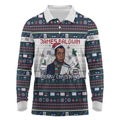 James Baldwin Christmas Santa Long Sleeve Polo Shirt Ugly Pixel Pattern Black History Holiday
