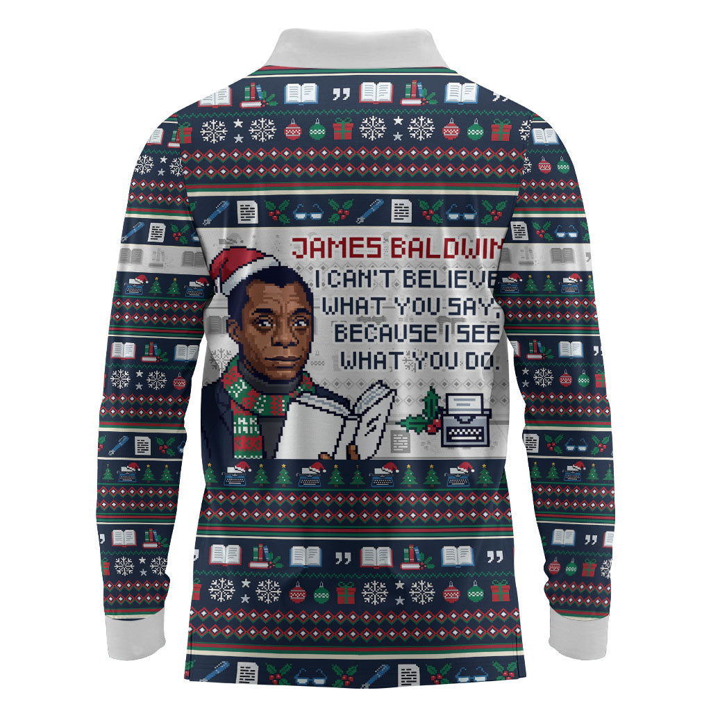 James Baldwin Christmas Santa Long Sleeve Polo Shirt Ugly Pixel Pattern Black History Holiday