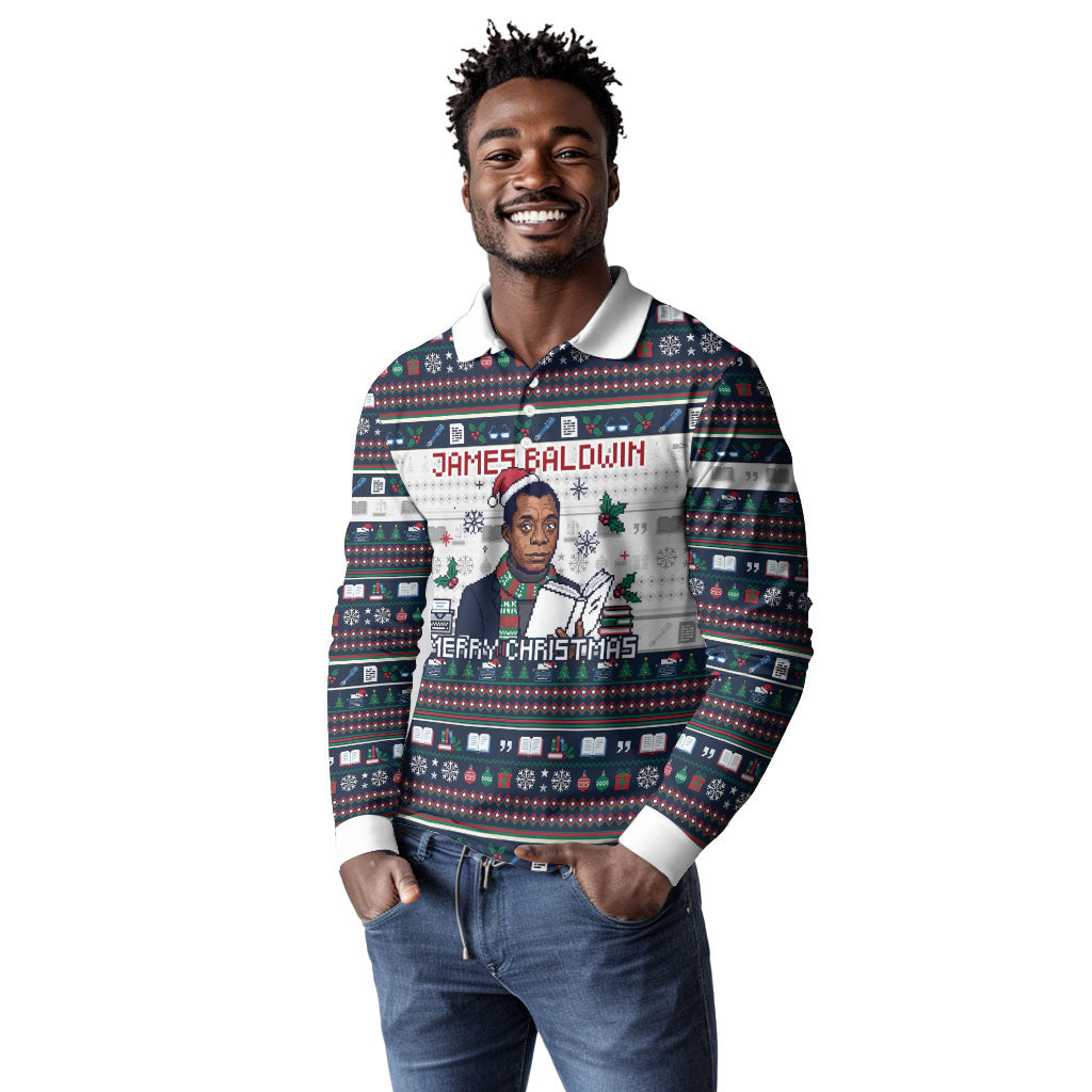 James Baldwin Christmas Santa Long Sleeve Polo Shirt Ugly Pixel Pattern Black History Holiday