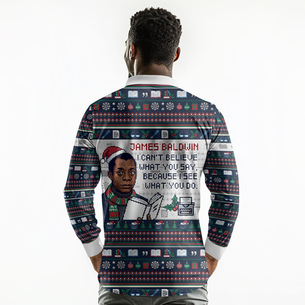 James Baldwin Christmas Santa Long Sleeve Polo Shirt Ugly Pixel Pattern Black History Holiday