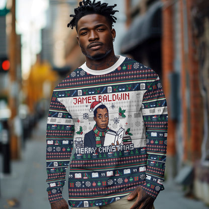 James Baldwin Christmas Santa Long Sleeve Shirt Ugly Pixel Pattern Black History Holiday