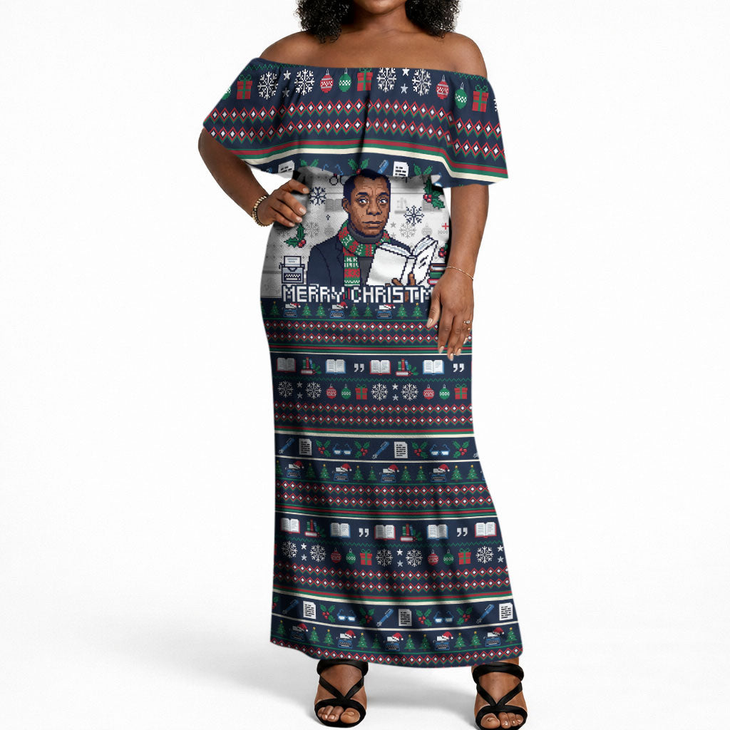 James Baldwin Christmas Santa Off Shoulder Maxi Dress Ugly Pixel Pattern Black History Holiday