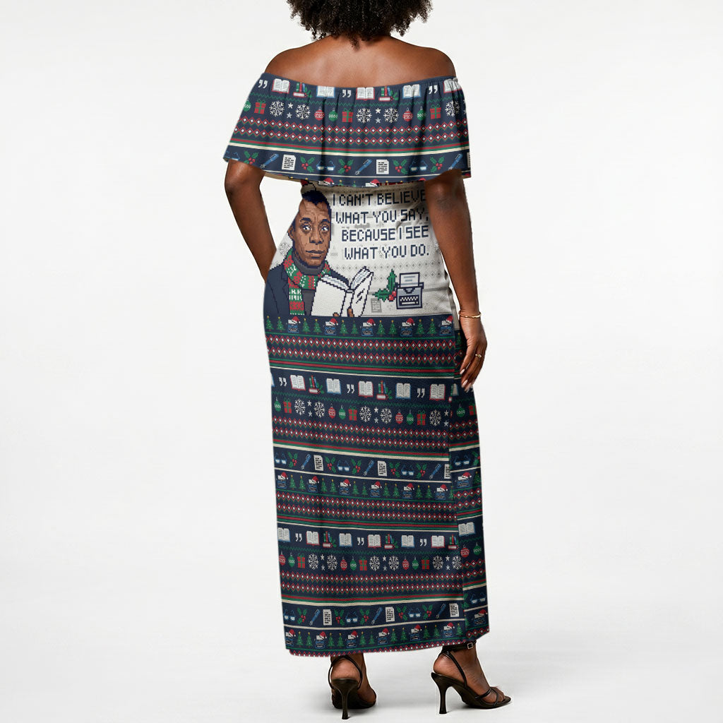 James Baldwin Christmas Santa Off Shoulder Maxi Dress Ugly Pixel ...