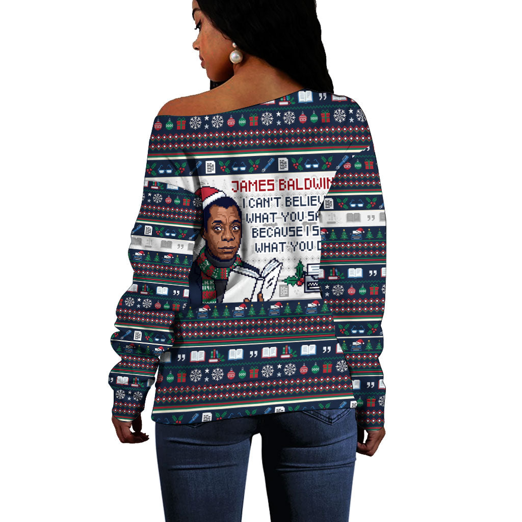 James Baldwin Christmas Santa Off Shoulder Sweater Ugly Pixel Pattern ...