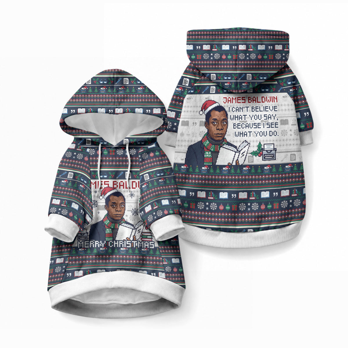 James Baldwin Christmas Santa Pet Hoodie Ugly Pixel Pattern Black ...