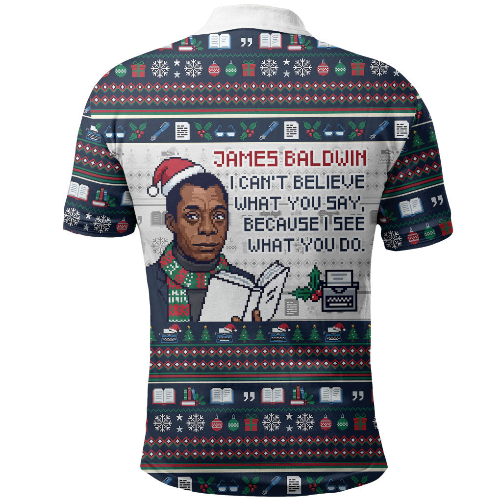 James Baldwin Christmas Santa Polo Shirt Ugly Pixel Pattern Black History Holiday