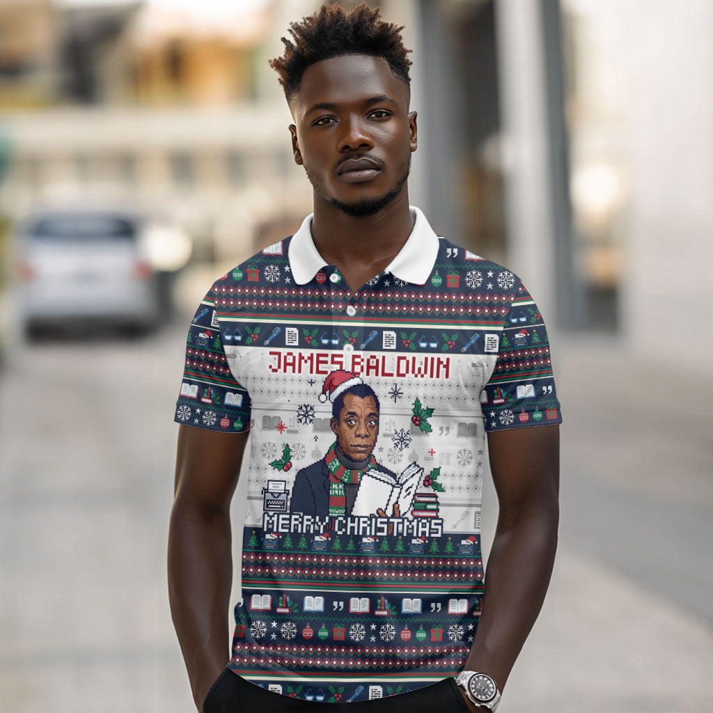 James Baldwin Christmas Santa Polo Shirt Ugly Pixel Pattern Black History Holiday