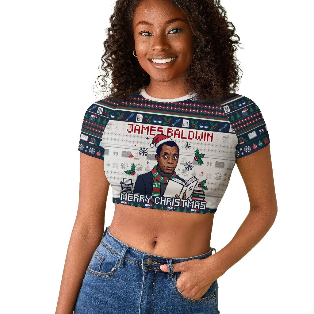James Baldwin Christmas Santa Raglan Cropped T shirt Ugly Pixel Pattern ...