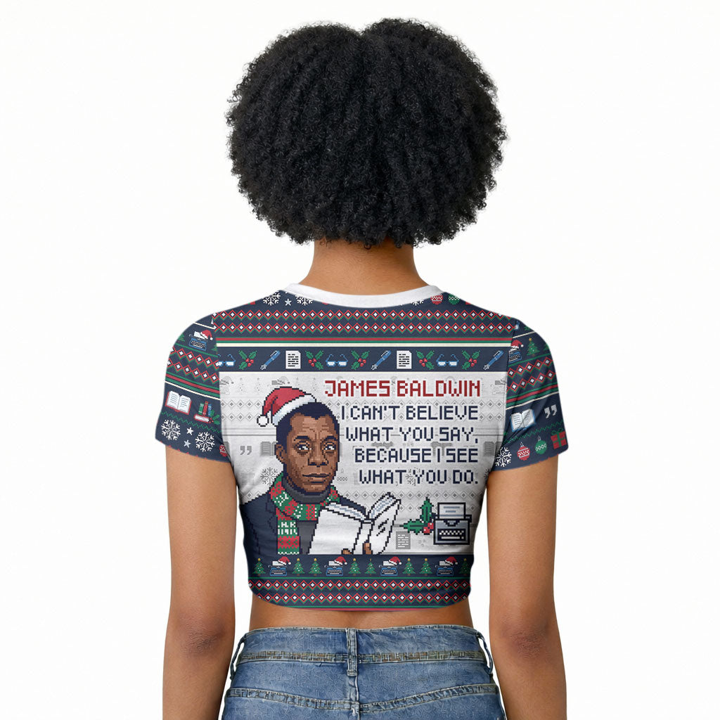 James Baldwin Christmas Santa Raglan Cropped T shirt Ugly Pixel Pattern Black History Holiday