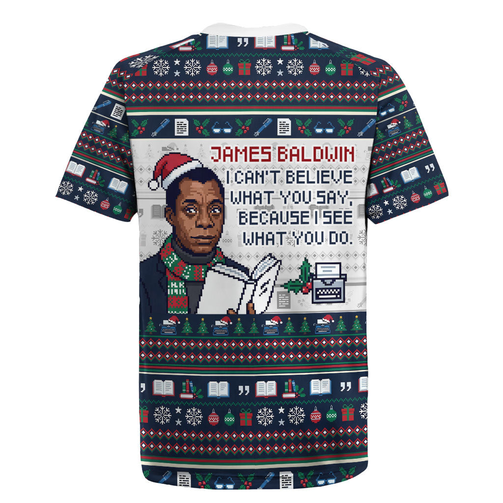 James Baldwin Christmas Santa Rugby Jersey Ugly Pixel Pattern Black ...
