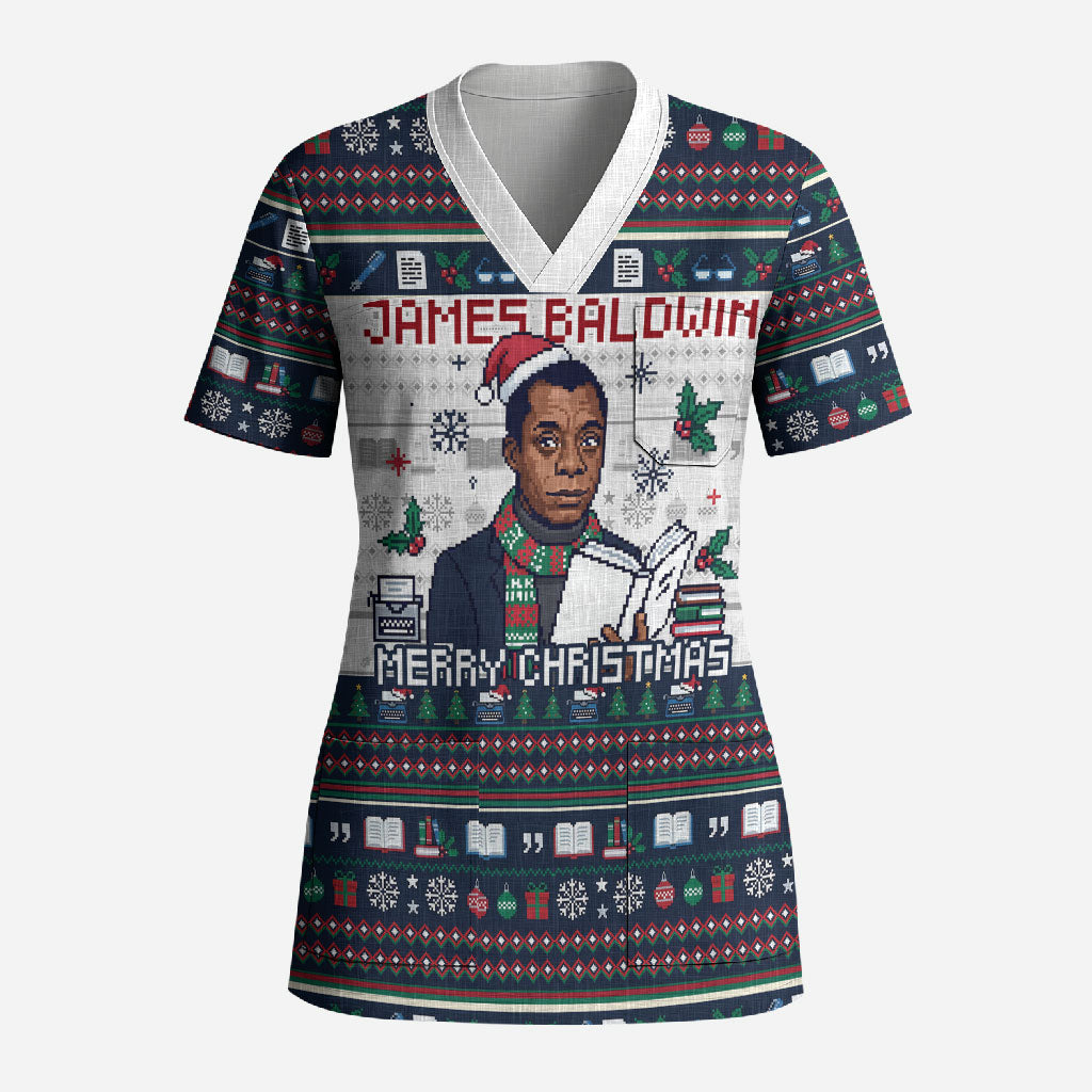 James Baldwin Christmas Santa Scrub Top Ugly Pixel Pattern Black History Holiday