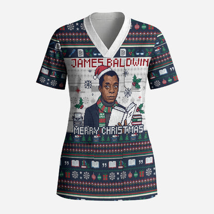 James Baldwin Christmas Santa Scrub Top Ugly Pixel Pattern Black History Holiday