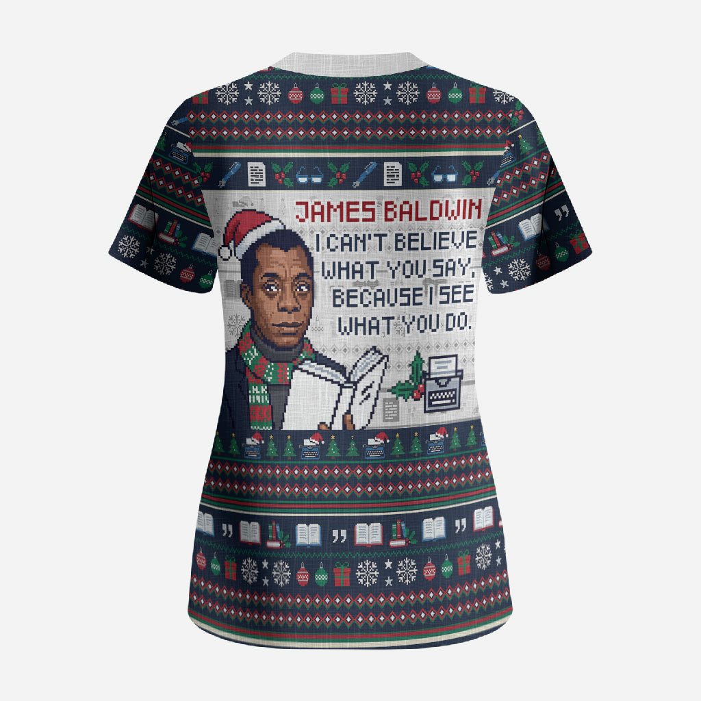 James Baldwin Christmas Santa Scrub Top Ugly Pixel Pattern Black History Holiday