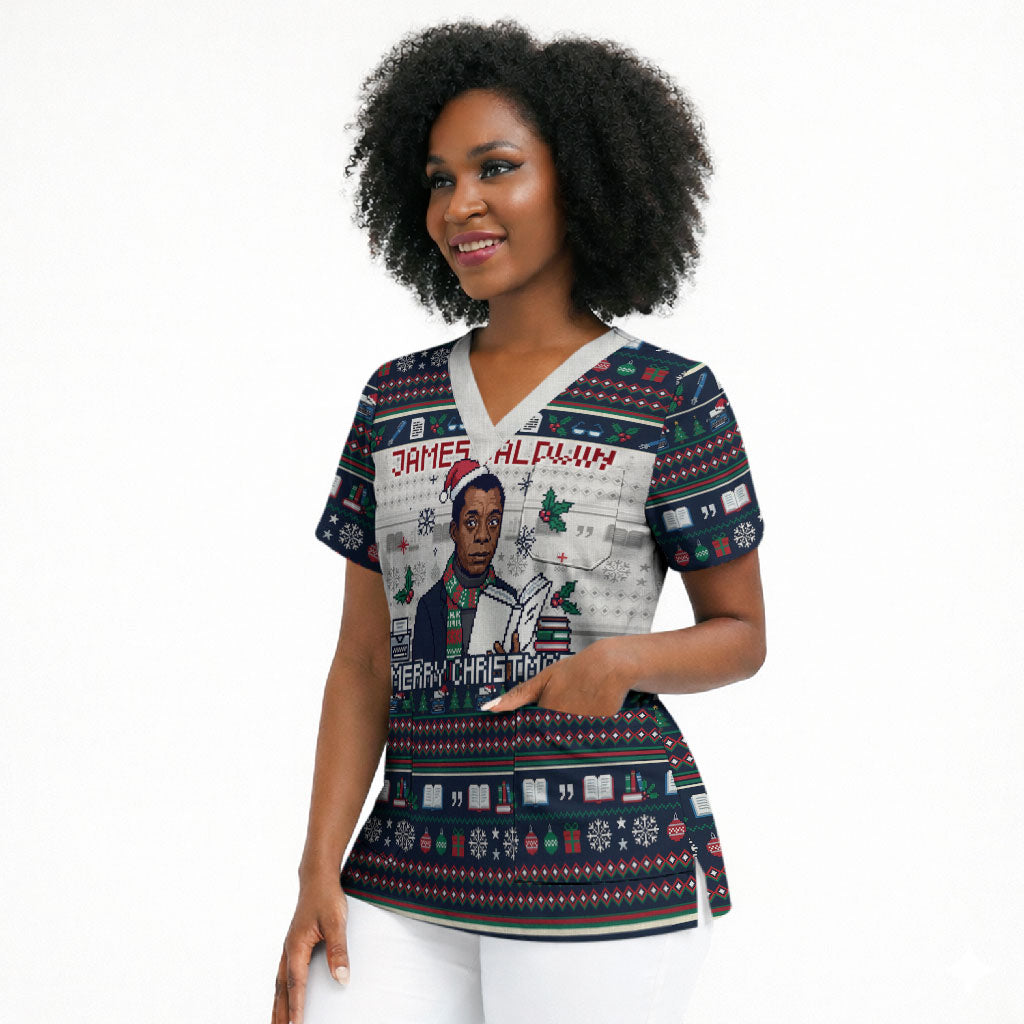 James Baldwin Christmas Santa Scrub Top Ugly Pixel Pattern Black History Holiday