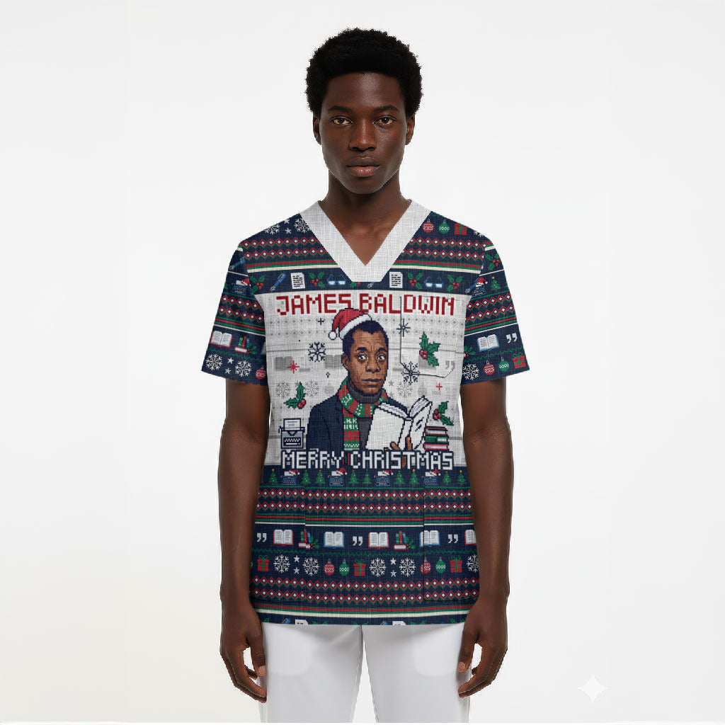 James Baldwin Christmas Santa Scrub Top Ugly Pixel Pattern Black History Holiday